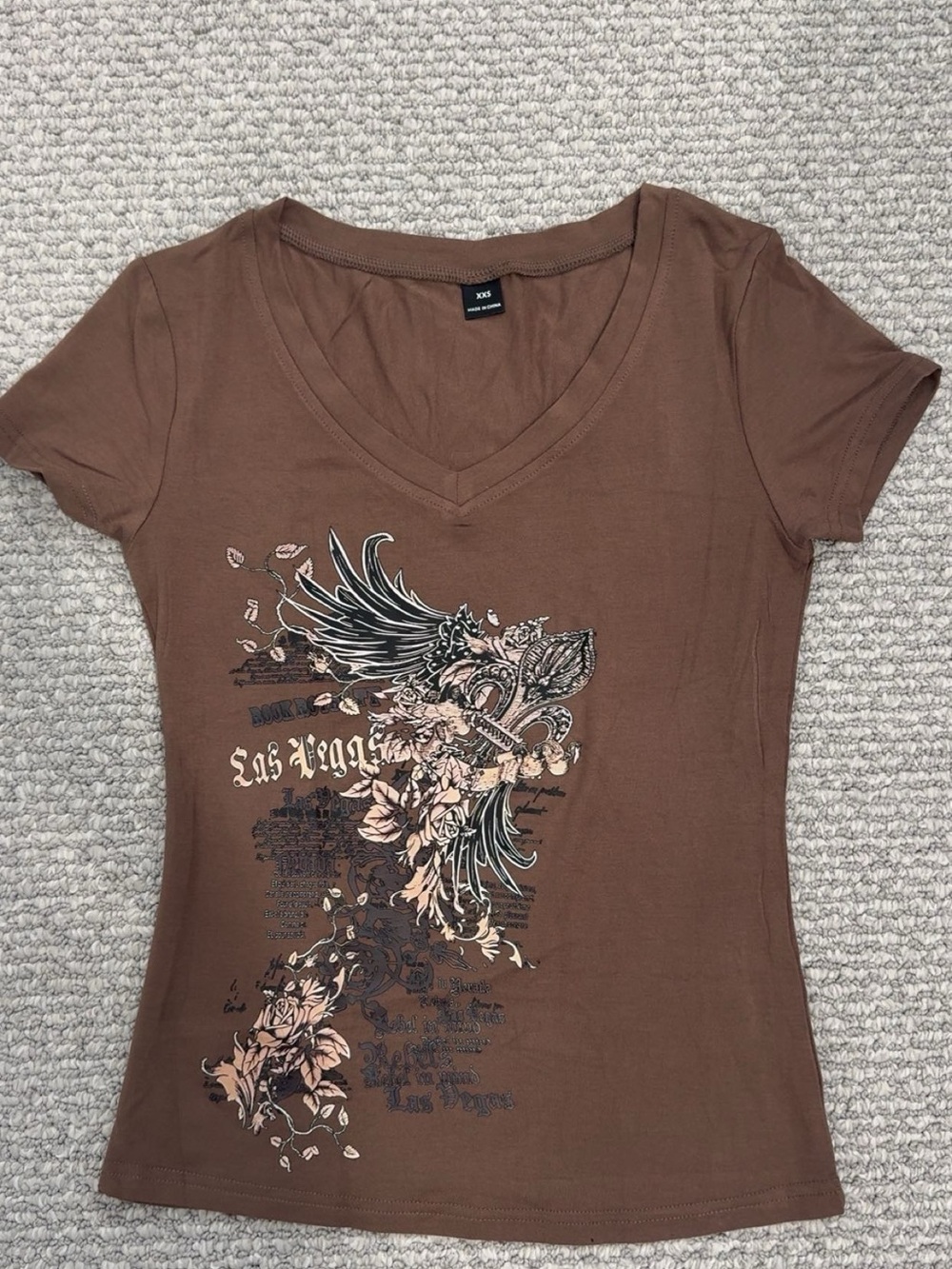 Women's Y2K style Brown V-Neck Graphic Tee with Floral Wing